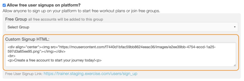 highlighting the custom HTML setting